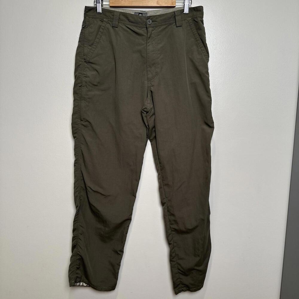 REI Hiking Pants Mens 34x32 Green Cargo‎ Zip Pockets High Rise UPF 40 100% Nylon